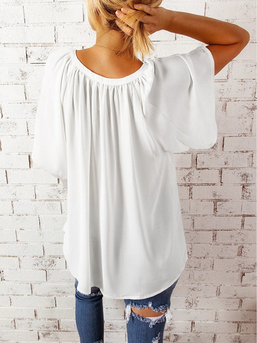 The802Gypsy Tops GYPSY-Ruched Notched Half Sleeve Blouse