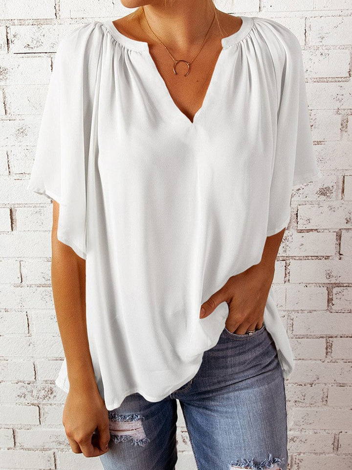 The802Gypsy Tops GYPSY-Ruched Notched Half Sleeve Blouse