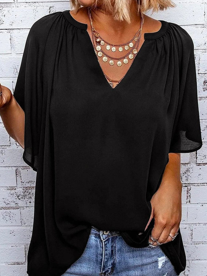 The802Gypsy Tops GYPSY-Ruched Notched Half Sleeve Blouse