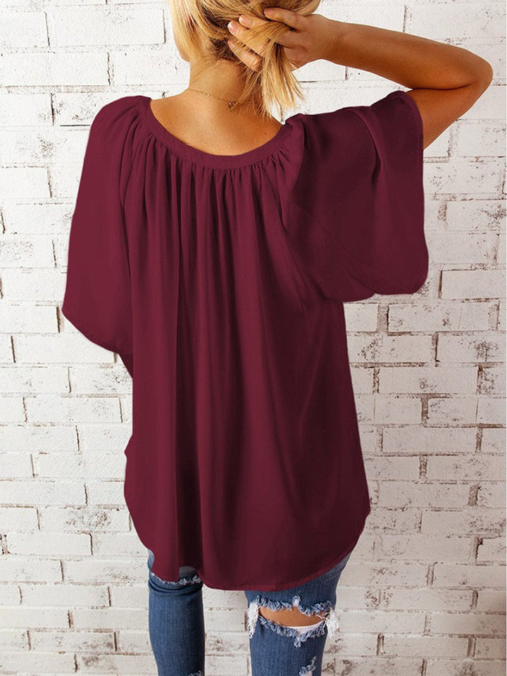 The802Gypsy Tops GYPSY-Ruched Notched Half Sleeve Blouse