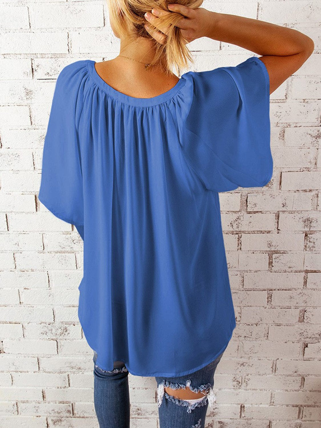 The802Gypsy Tops GYPSY-Ruched Notched Half Sleeve Blouse