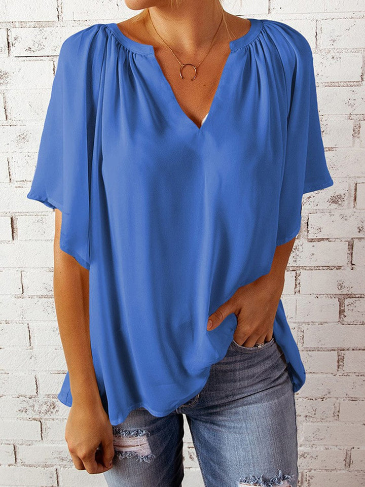 The802Gypsy Tops GYPSY-Ruched Notched Half Sleeve Blouse