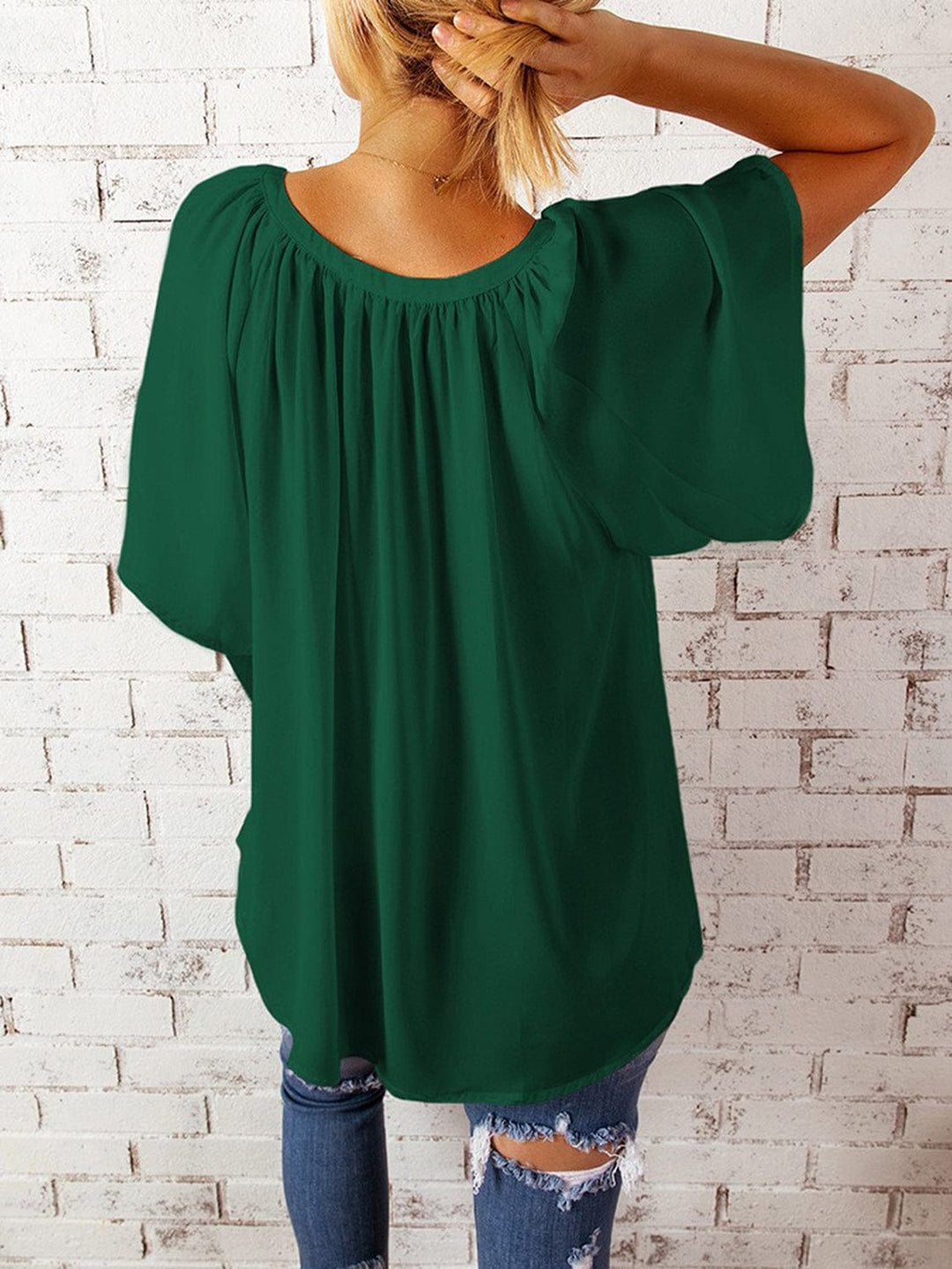 The802Gypsy Tops GYPSY-Ruched Notched Half Sleeve Blouse