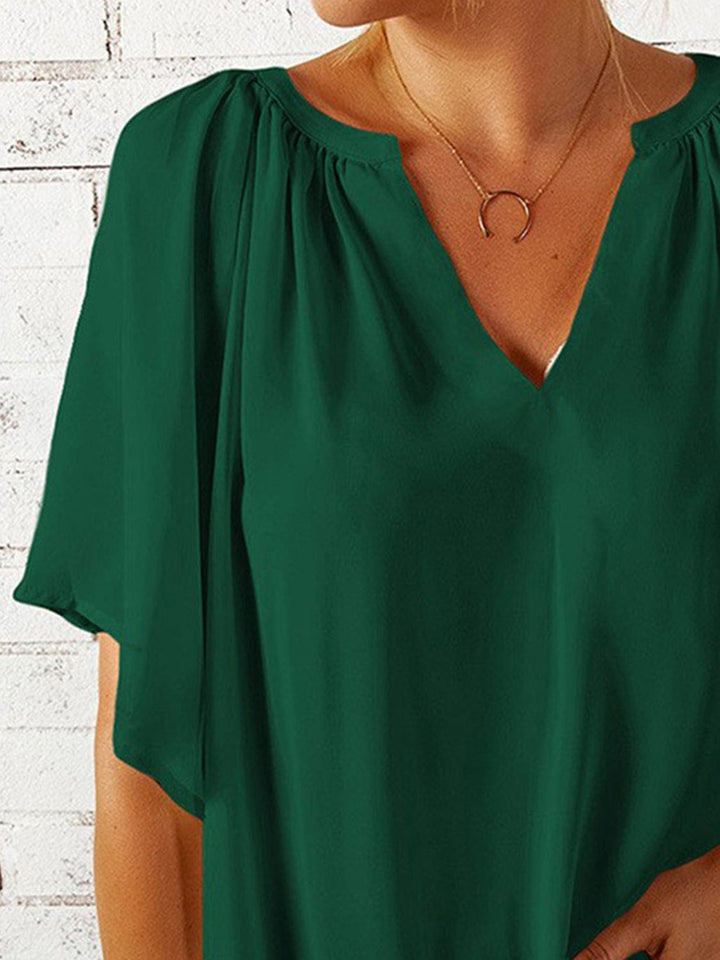 The802Gypsy Tops GYPSY-Ruched Notched Half Sleeve Blouse