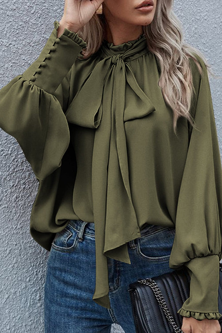 The802Gypsy  Tops Jungle Green / S / 100%Polyester Traveling Gypsy Frilled Mock Neck Bishop Sleeve Blouse