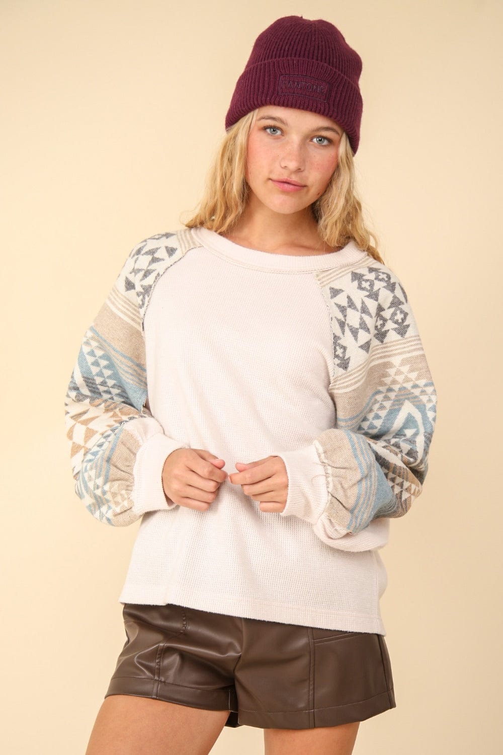 The802Gypsy Tops/Long Sleeve Tops Cream / S ❤️GYPSY-VERY J-Printed Long Sleeve Round Neck Knit Top