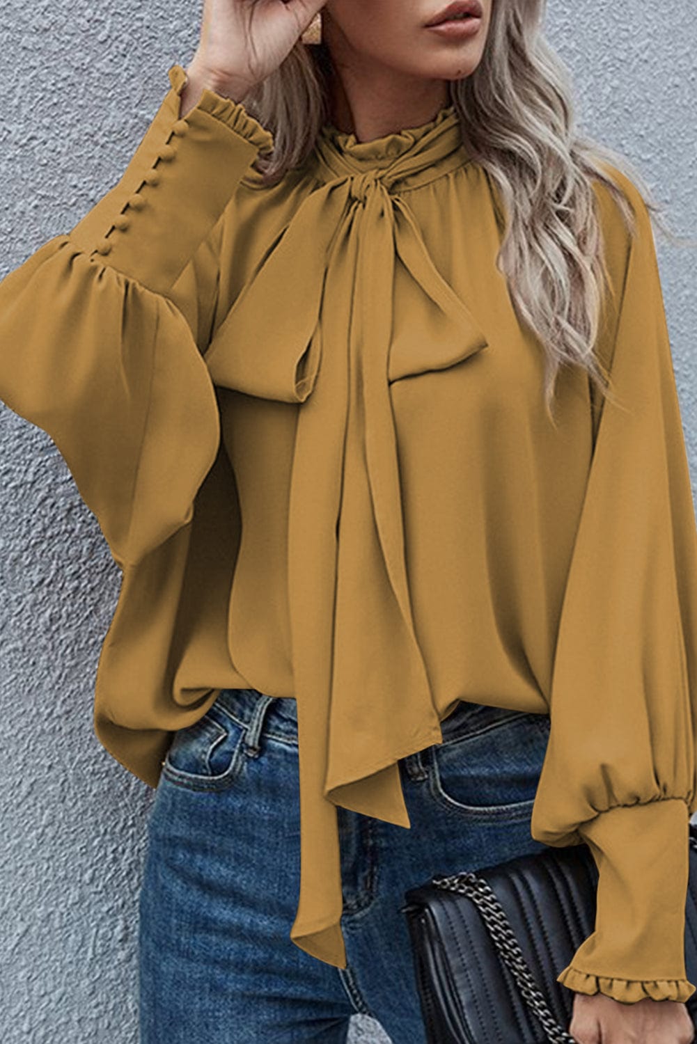 The802Gypsy  Tops Mustard / S / 100%Polyester Traveling Gypsy Frilled Mock Neck Bishop Sleeve Blouse