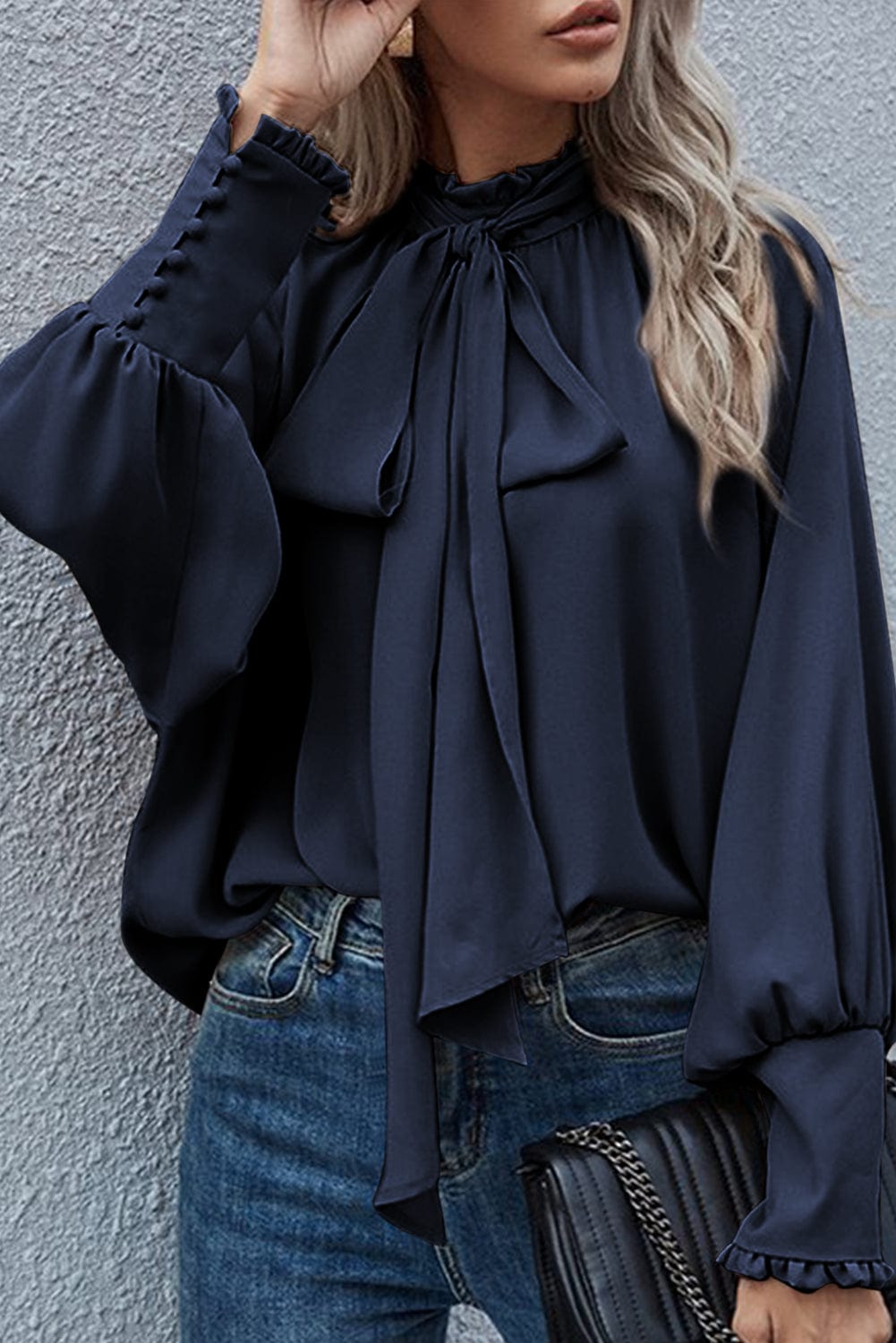 The802Gypsy  Tops Navy Blue / S / 100%Polyester Traveling Gypsy Frilled Mock Neck Bishop Sleeve Blouse