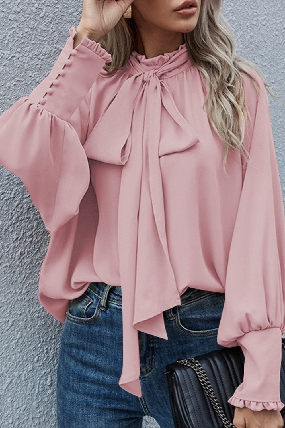 The802Gypsy  Tops Pink / S / 100%Polyester Traveling Gypsy Frilled Mock Neck Bishop Sleeve Blouse