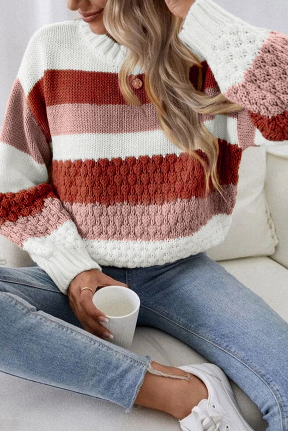 The802Gypsy  Tops Red Stripe / L / 100%Acrylic Chestnut Striped Cable Knit Drop Shoulder Sweater