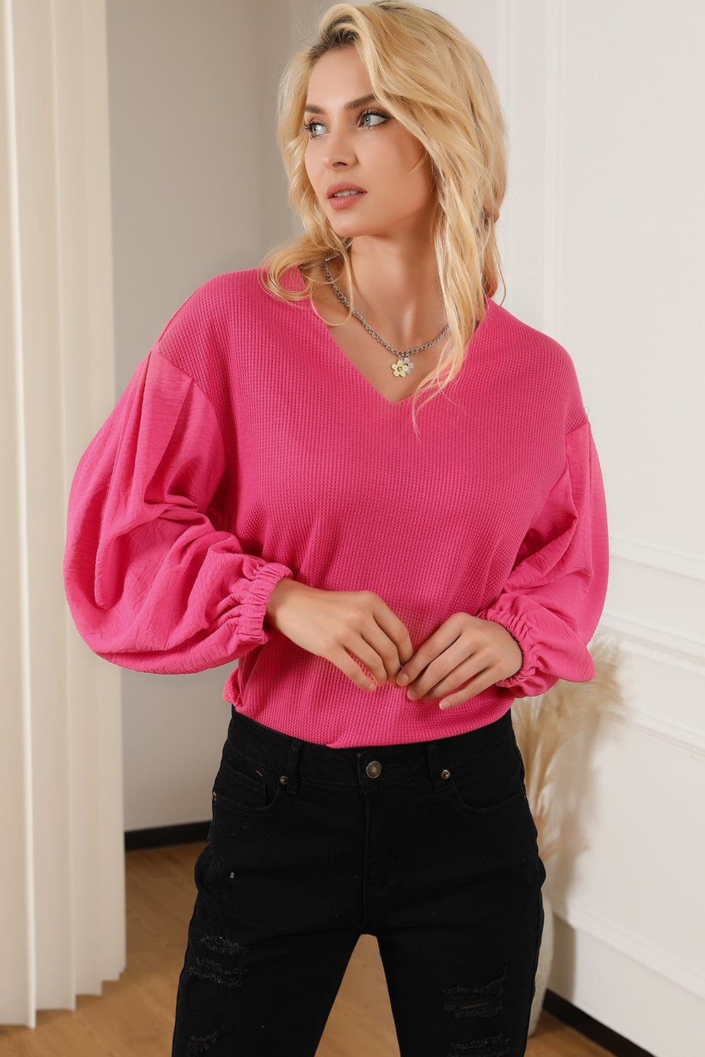 The802Gypsy  Tops Rose / L / 95%Polyester+5%Elastane Rose Waffle Knit Balloon Sleeve Splicing V Neck Top