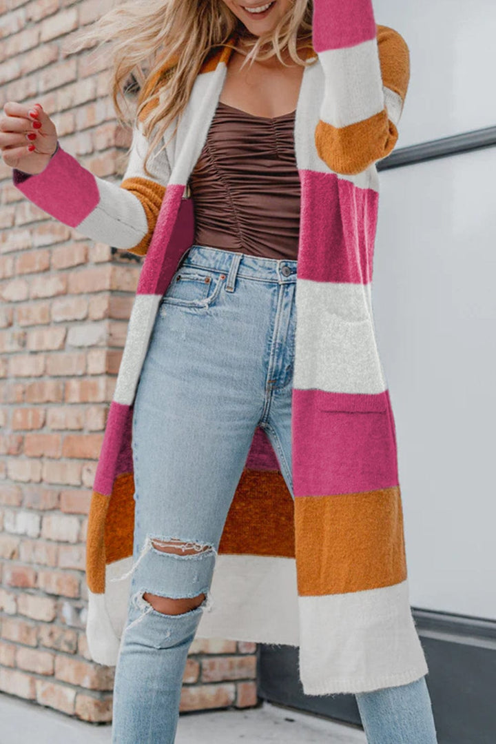 The802Gypsy  Tops Rose Red / S / 60%Acrylic+40%Polyamide Traveling Gypsy Ashley Colorblock Open Front Long Knit Cardigan