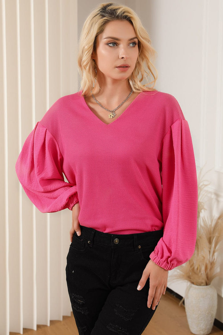 The802Gypsy  Tops Rose Waffle Knit Balloon Sleeve Splicing V Neck Top