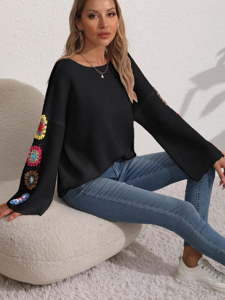 The802Gypsy Tops/sweater Black / S GYPSY-Crochet Flower Sweater