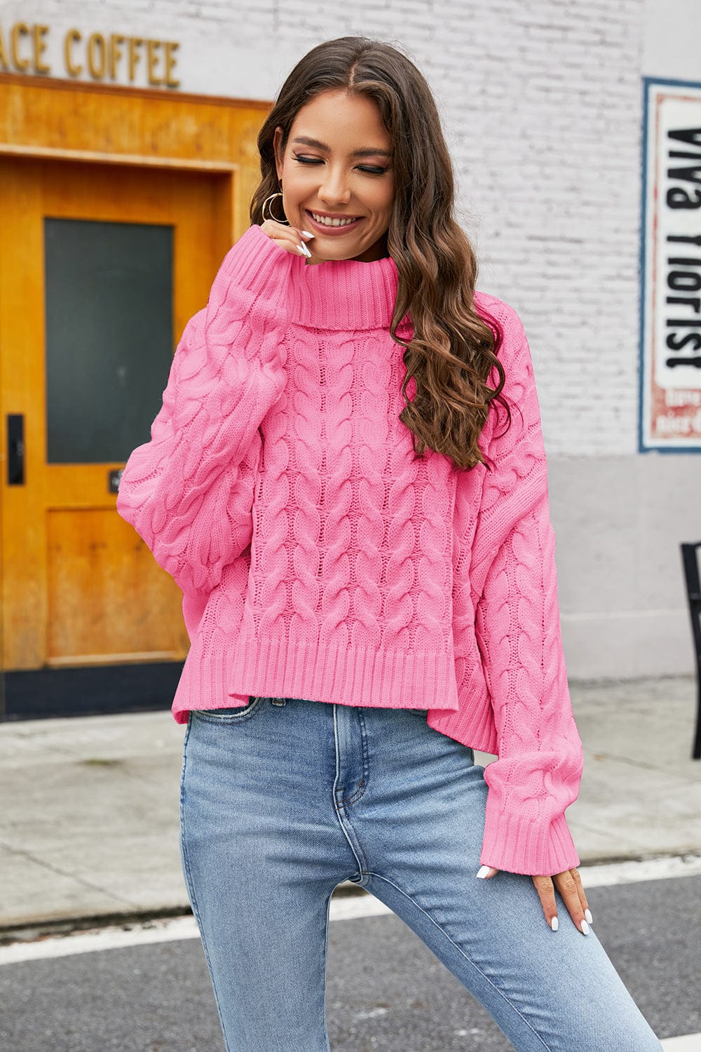 The802Gypsy Tops/sweater Hot Pink / S GYPSY-Turtleneck Cable-Knit Sweater