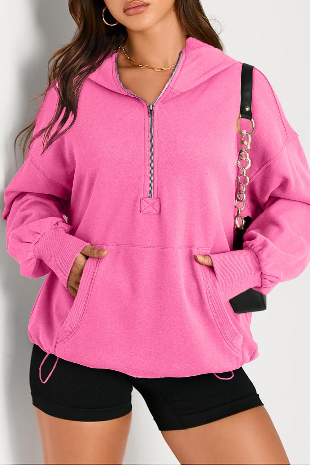 The802Gypsy  Tops/Sweatshirts & Hoodies Pink / S / 50%Polyester+50%Cotton TRAVELING GYPSY-- Half Zipper Oversized Hoodie