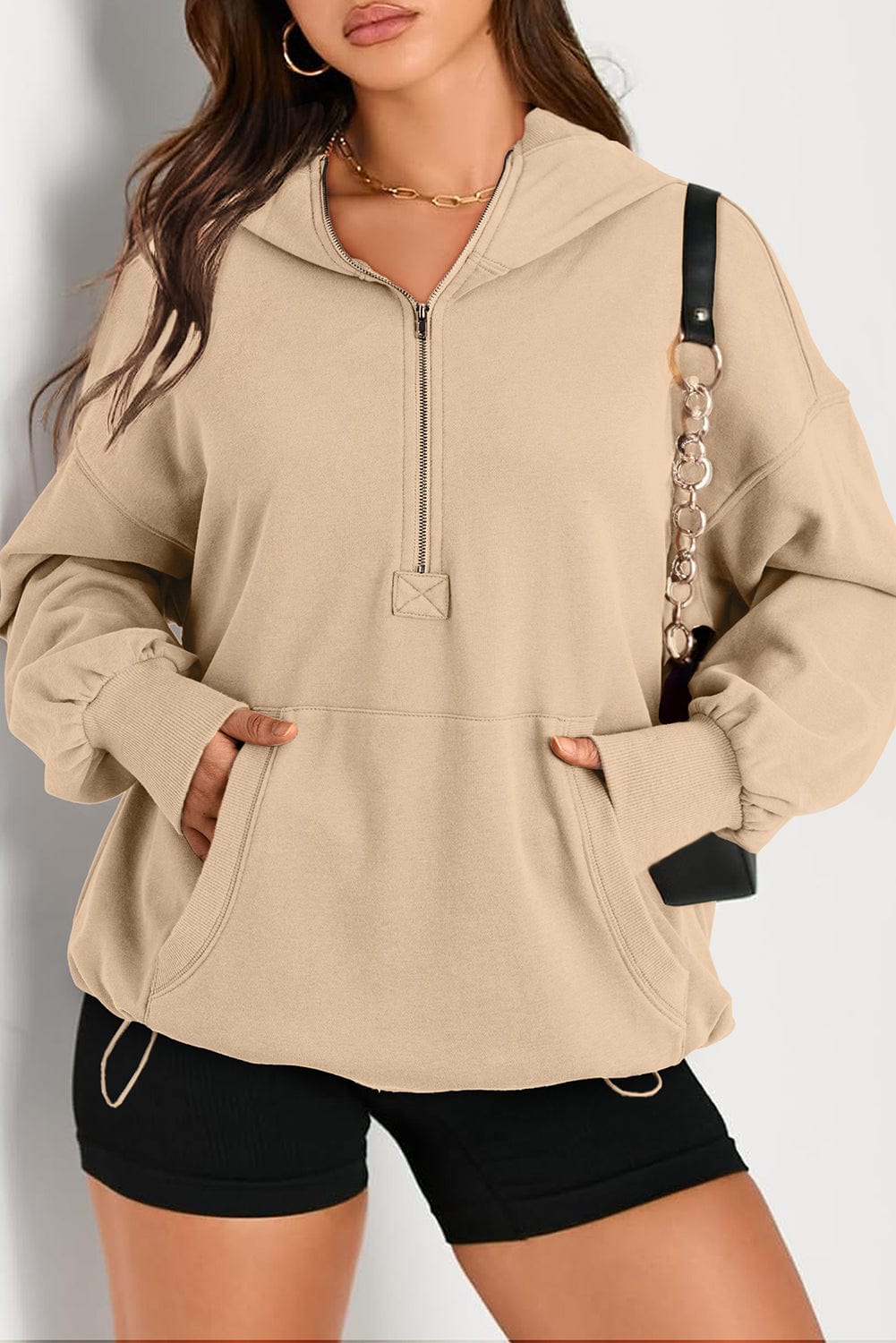 The802Gypsy  Tops/Sweatshirts & Hoodies Tan / S / 50%Polyester+50%Cotton TRAVELING GYPSY-- Half Zipper Oversized Hoodie