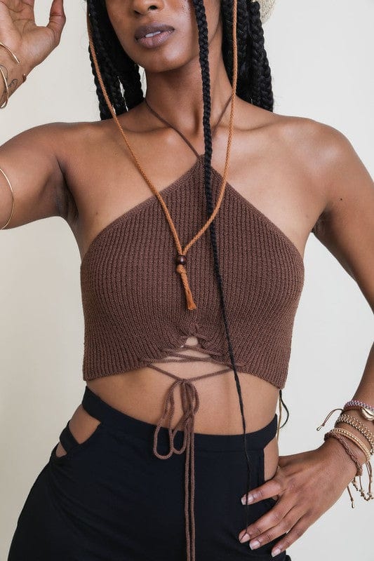 The802Gypsy Tops/Tank Tops Mocha Brown / S ❤️GYPSY FOX-Leto Accessories-Lace-Up Halter Knit Bralette Tank