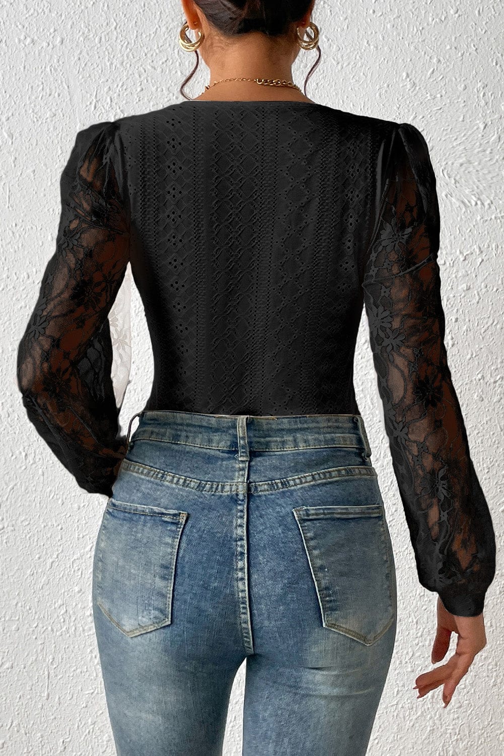 The802Gypsy  Tops Traveling Gypsy Frenchy Contrast Lace Bishop Sleeve Bodysuit
