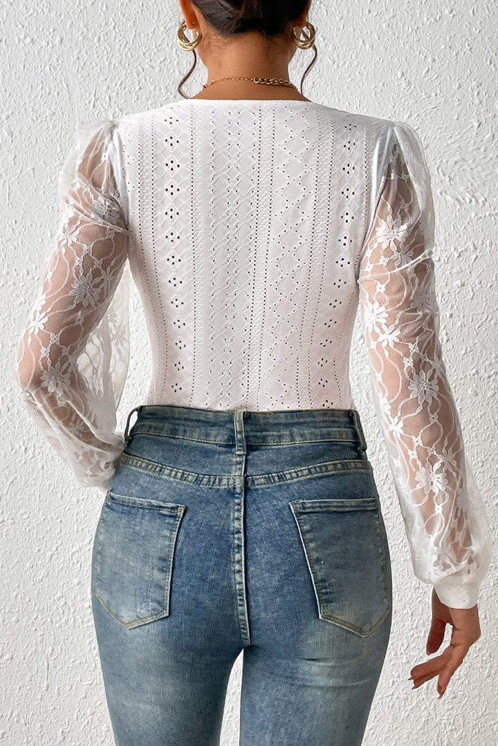 The802Gypsy  Tops Traveling Gypsy Frenchy Contrast Lace Bishop Sleeve Bodysuit