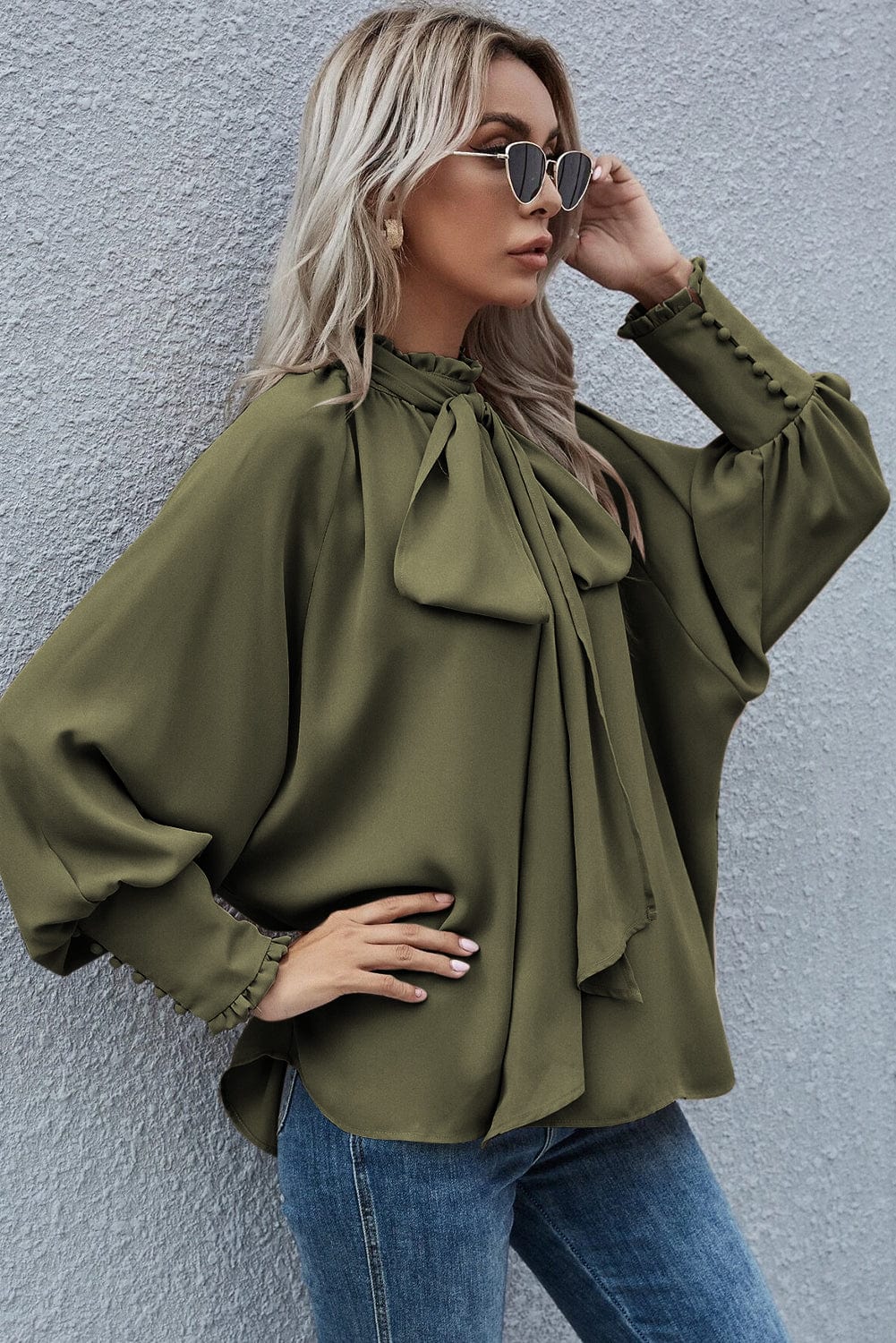The802Gypsy  Tops Traveling Gypsy Frilled Mock Neck Bishop Sleeve Blouse