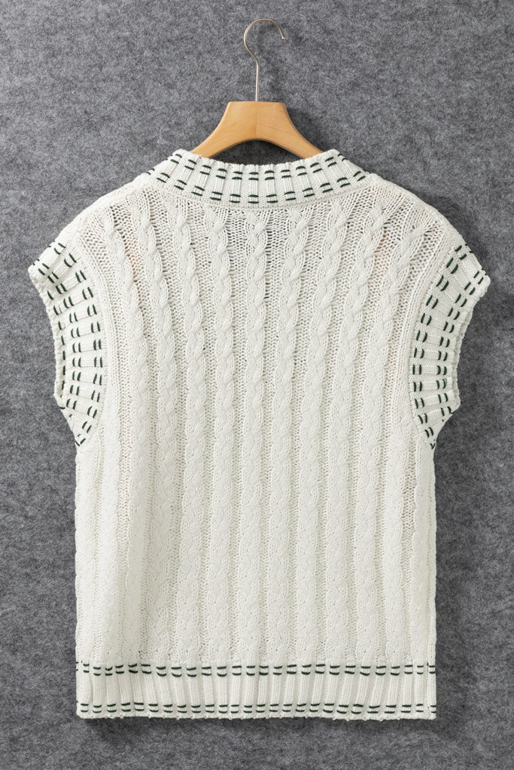 The802Gypsy  Tops White Contrast Trim V Neck Cable Knit Sweater Vest