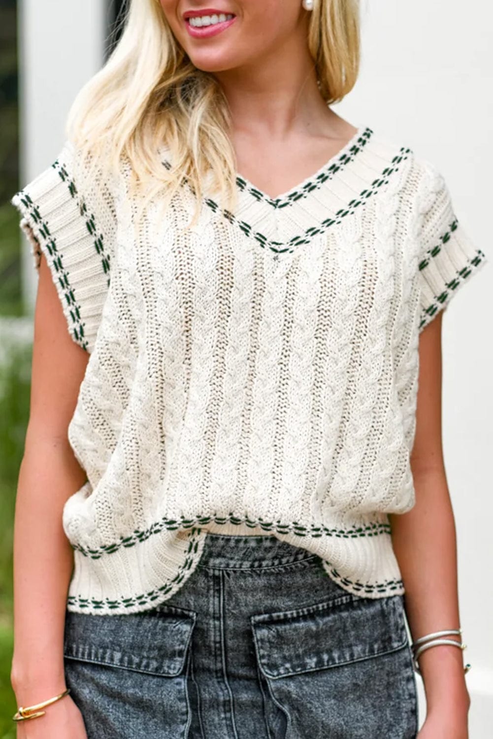 The802Gypsy  Tops White / S / 60%Cotton+40%Acrylic White Contrast Trim V Neck Cable Knit Sweater Vest
