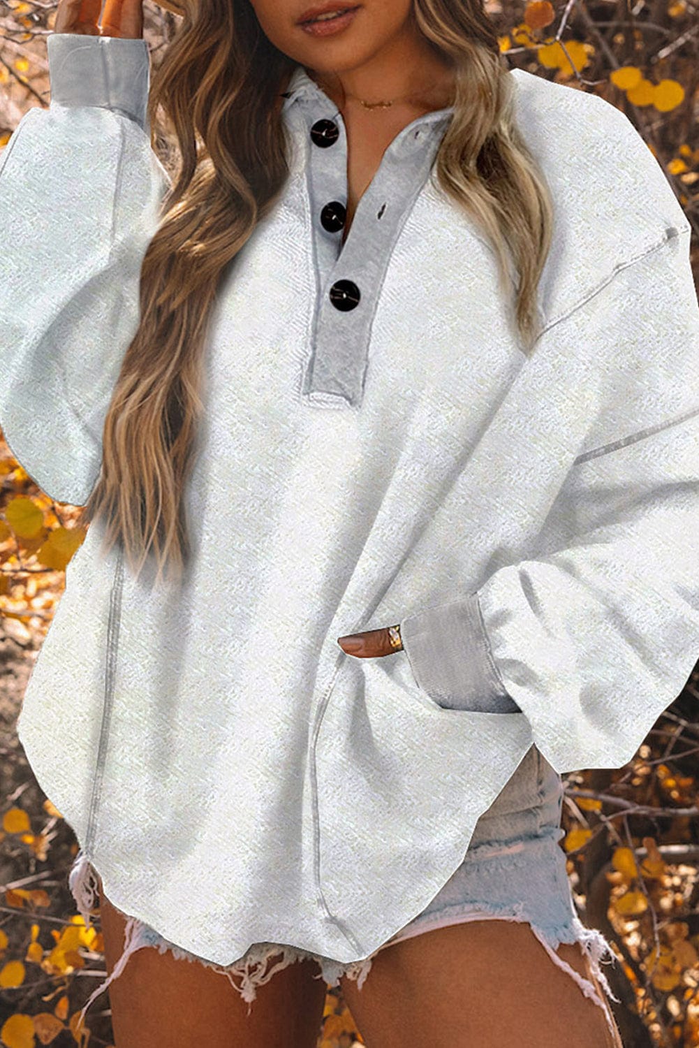 The802Gypsy  Tops White / S / 90%Cotton+10%Polyester White Textured Side Pockets Buttoned Neckline Sweatshirt