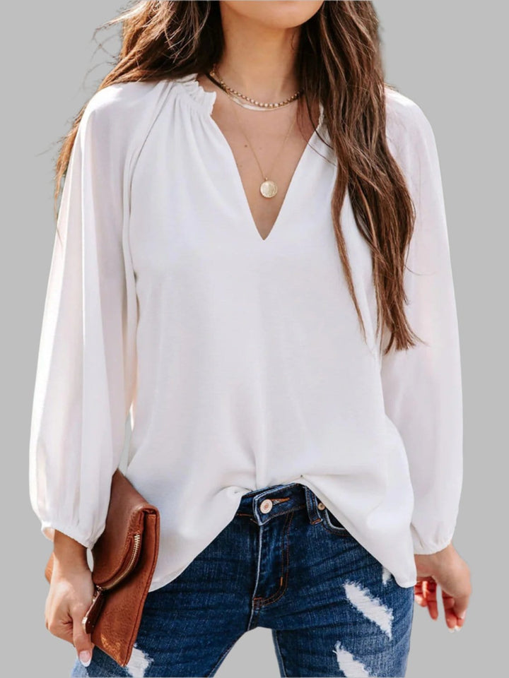 The802Gypsy Tops White / S GYPSY-Ruched Notched Balloon Sleeve Blouse