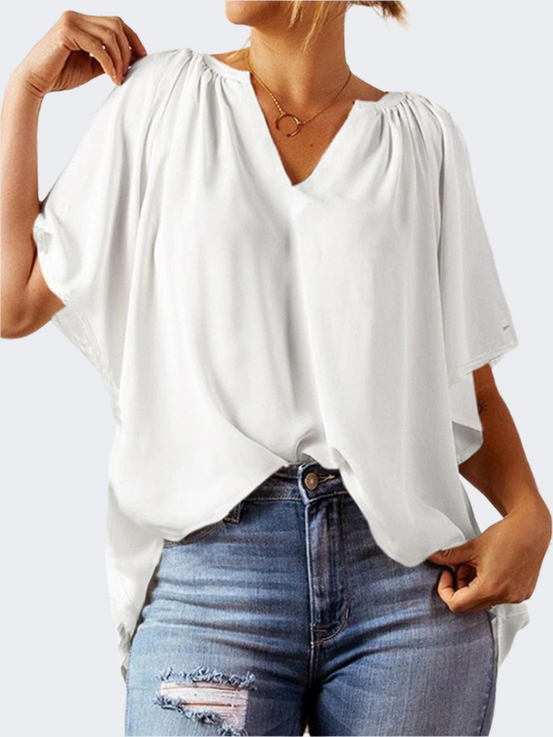 The802Gypsy Tops White / S GYPSY-Ruched Notched Half Sleeve Blouse