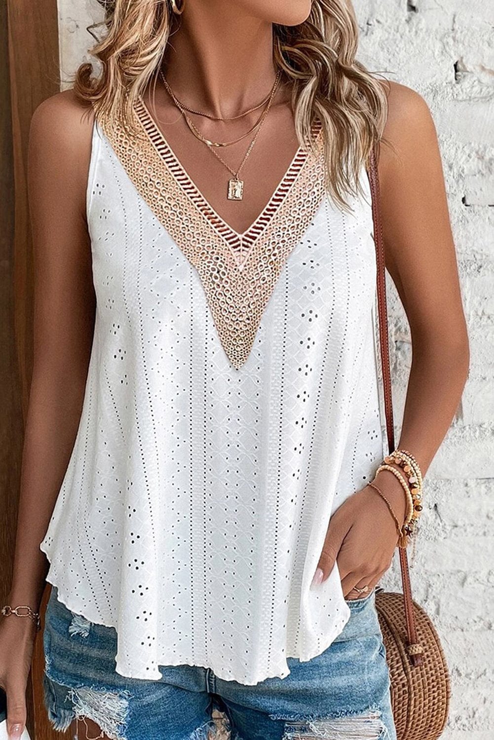 The802Gypsy  Tops White1 / S / 95%Polyester+5%Elastane GYPSY-Eyelet Strappy Scoop-Neck Tank Top