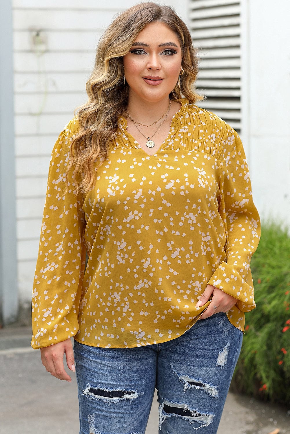 The802Gypsy  Tops Yellow / 1X / 100%Polyester TRAVELING GYPSY- Floral Printed Crinkled Blouse