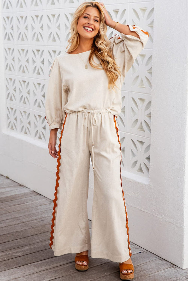 The802Gypsy  Two Piece Sets/Pant Sets TRAVELING GYPSY-Trim Sleeve Top and Wide Leg Pants Set