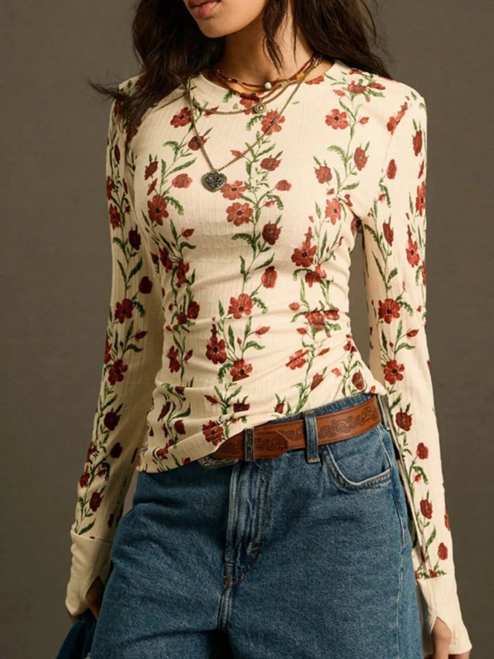 Floral Print Long Sleeve T-Shirt - Trendy Top/Long Sleeve Shirt in Beige for Women | The802Gypsy