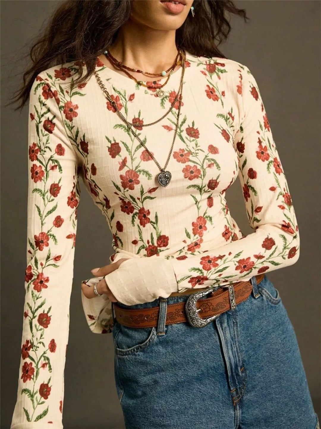 Floral Print Long Sleeve T-Shirt - Trendy Top/Long Sleeve Shirt in Beige for Women | The802Gypsy