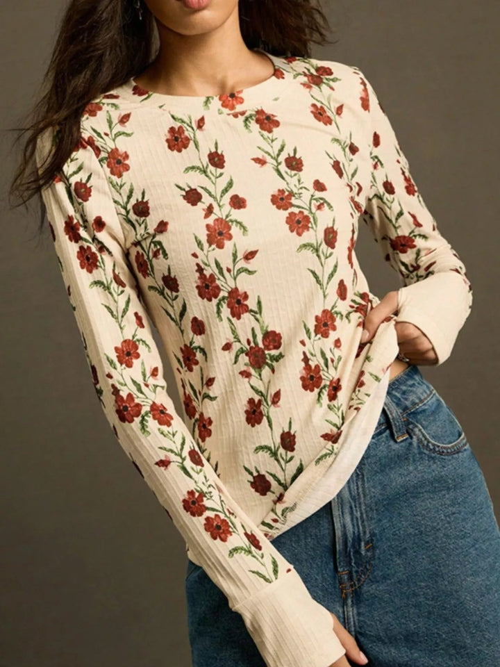 Floral Print Long Sleeve T-Shirt - Trendy Top/Long Sleeve Shirt in Beige for Women | The802Gypsy