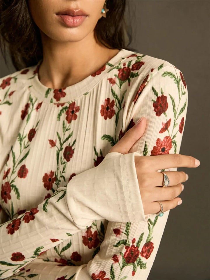 Floral Print Long Sleeve T-Shirt - Trendy Top/Long Sleeve Shirt in Beige for Women | The802Gypsy