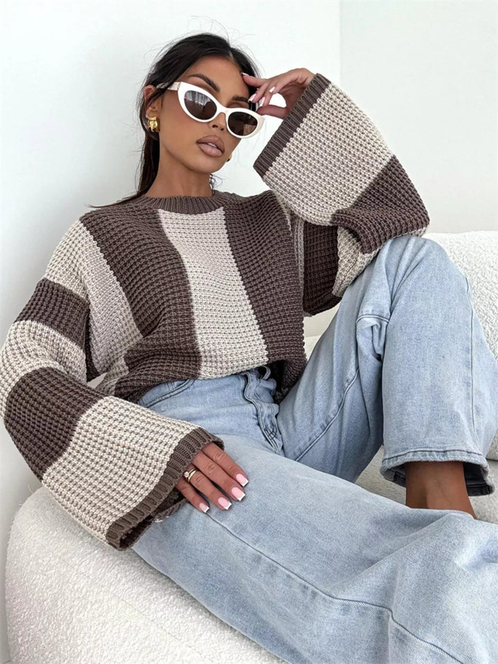 Oversized Color Block Long Sleeve Sweater - Trendy Tops in Apricot for Women | The802Gypsy