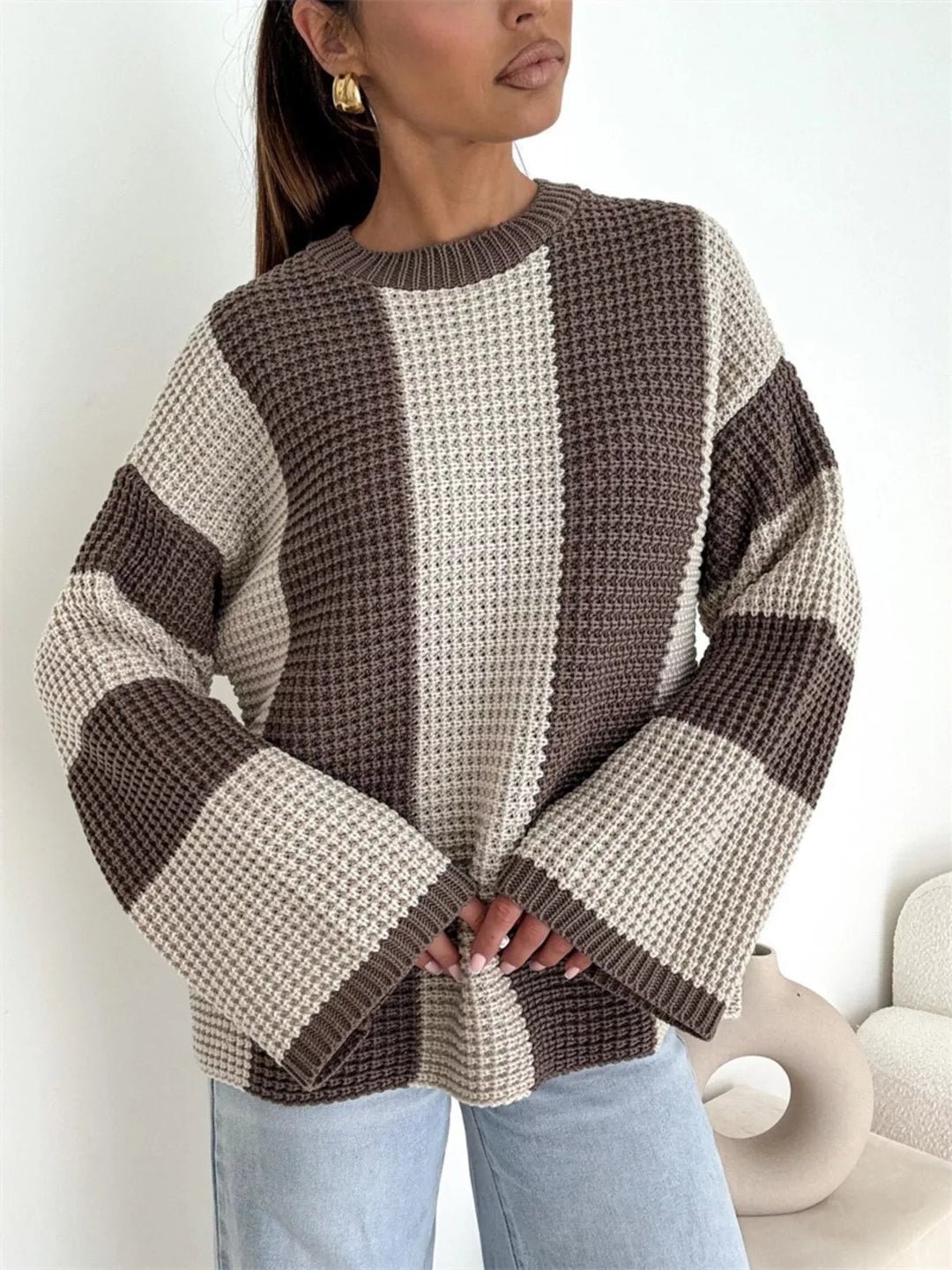 Oversized Color Block Long Sleeve Sweater - Trendy Tops in Apricot for Women | The802Gypsy