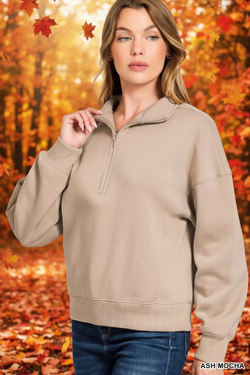 Zenana Fleece Half Zip Sweatshirt - Trendy Tops in ASH MOCHA for Women | The802Gypsy