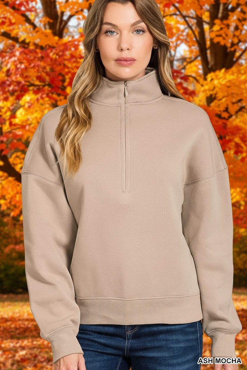 Zenana Fleece Half Zip Sweatshirt - Trendy Tops in ASH MOCHA for Women | The802Gypsy