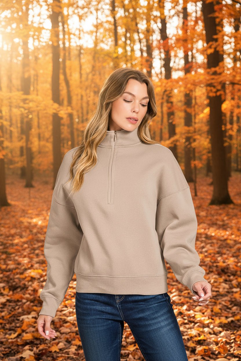 Zenana Fleece Half Zip Sweatshirt - Trendy Tops in ASH MOCHA for Women | The802Gypsy
