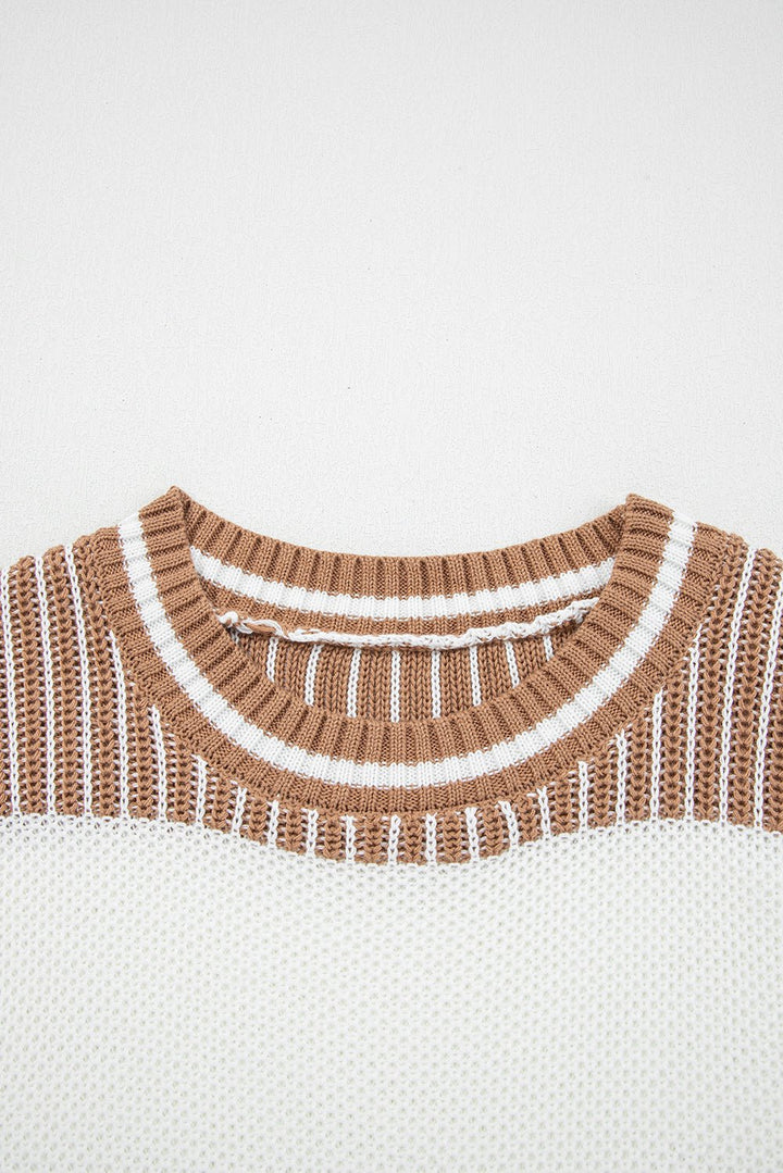 Two Tone Striped Patchwork Loose Sweater - Trendy Tops in Brown for Women | The802Gypsy