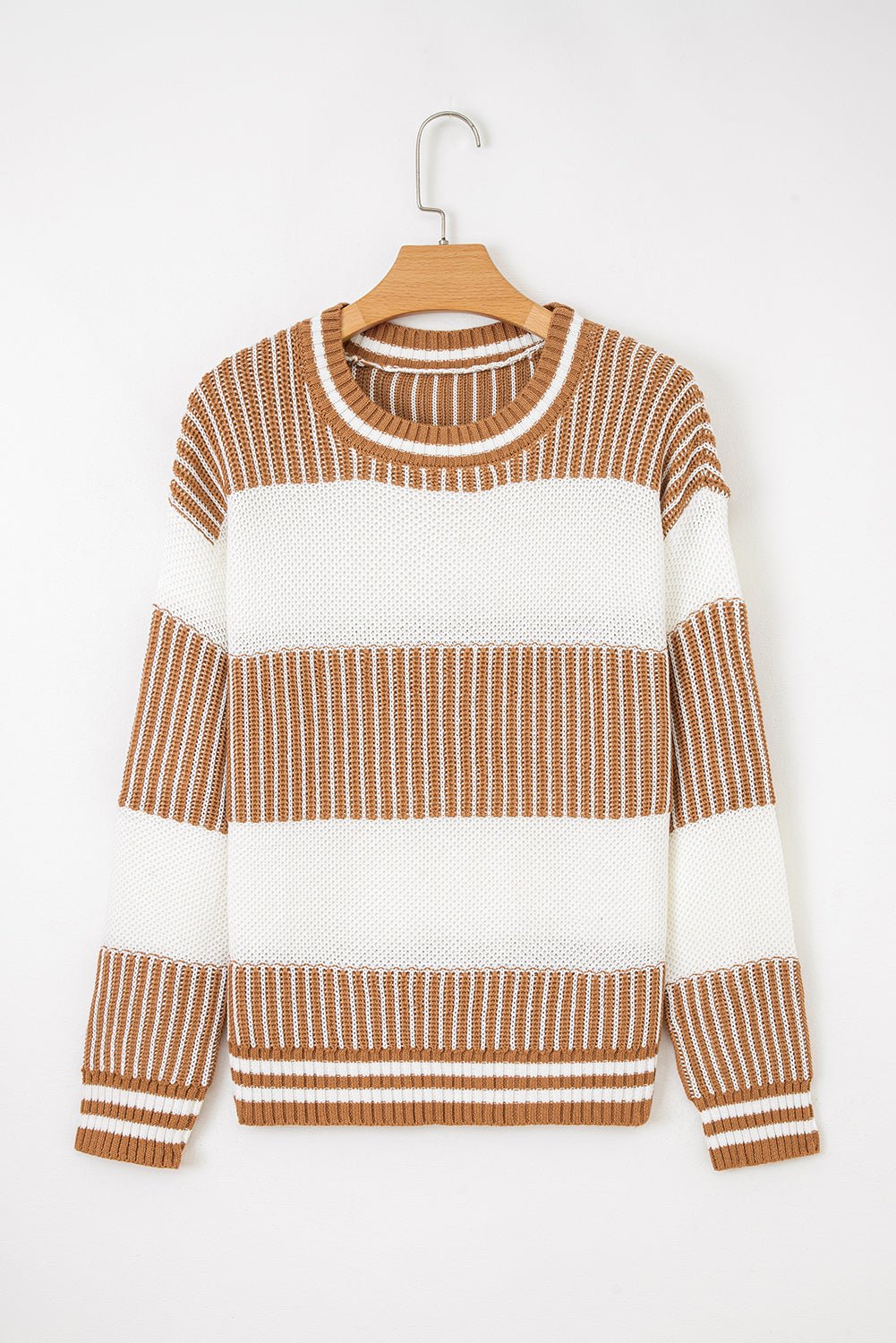 Two Tone Striped Patchwork Loose Sweater - Trendy Tops in Brown for Women | The802Gypsy