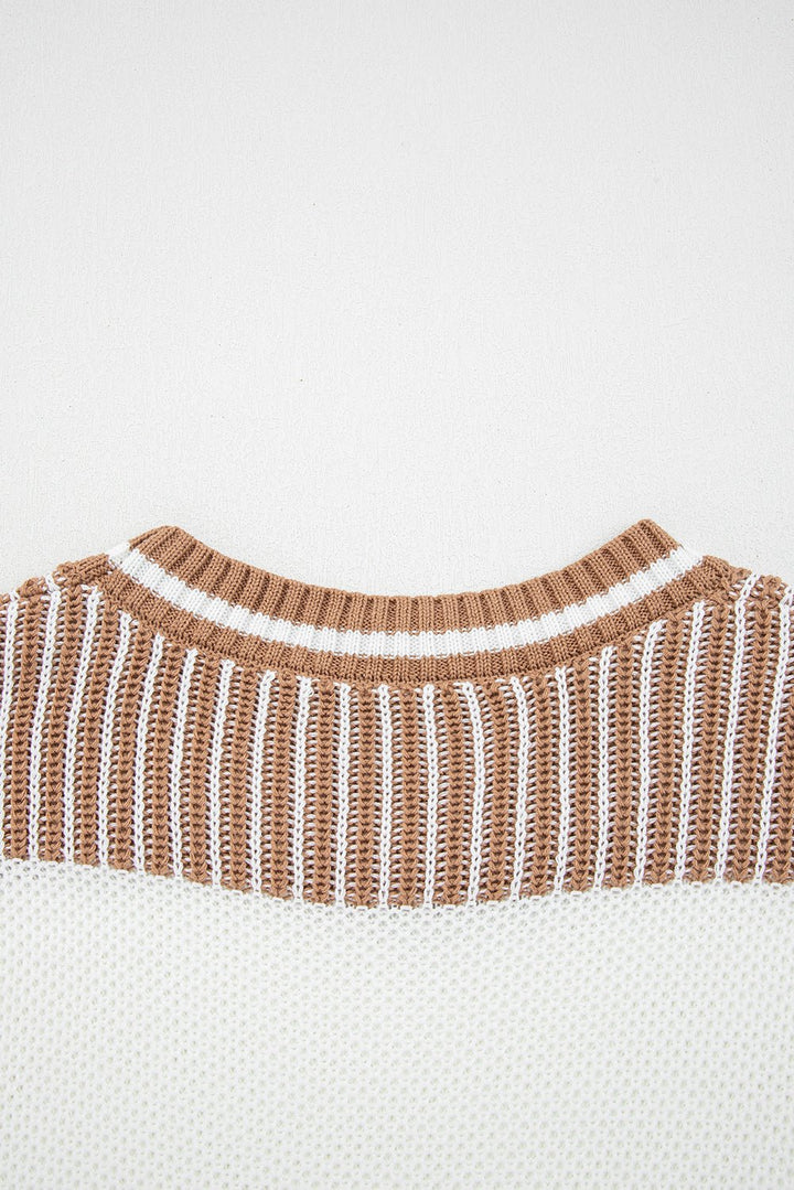 Two Tone Striped Patchwork Loose Sweater - Trendy Tops in Brown for Women | The802Gypsy