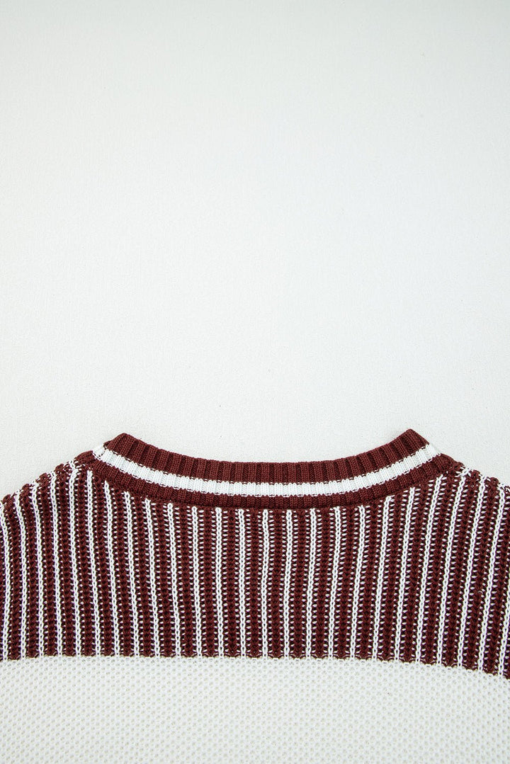 Two Tone Striped Patchwork Loose Sweater - Trendy Tops in Brown for Women | The802Gypsy