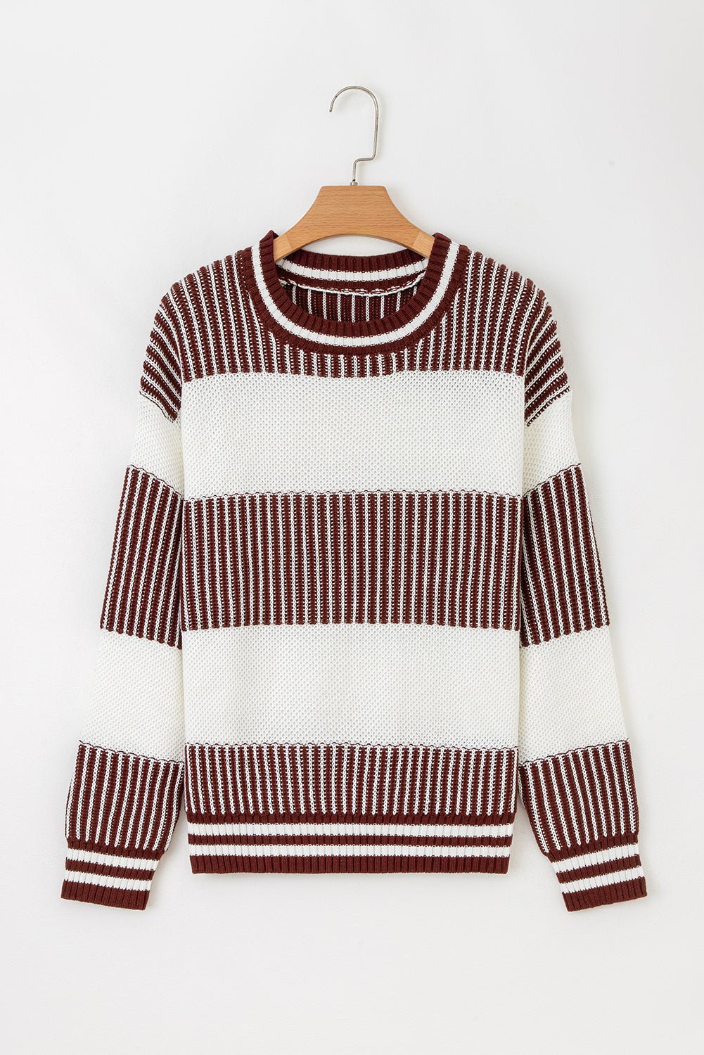 Two Tone Striped Patchwork Loose Sweater - Trendy Tops in Brown for Women | The802Gypsy