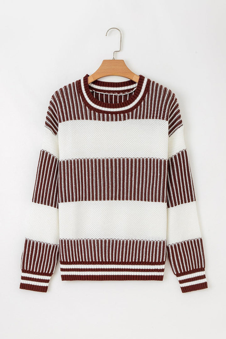 Two Tone Striped Patchwork Loose Sweater - Trendy Tops in Brown for Women | The802Gypsy