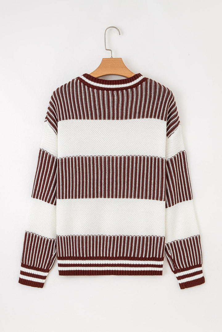Two Tone Striped Patchwork Loose Sweater - Trendy Tops in Brown for Women | The802Gypsy