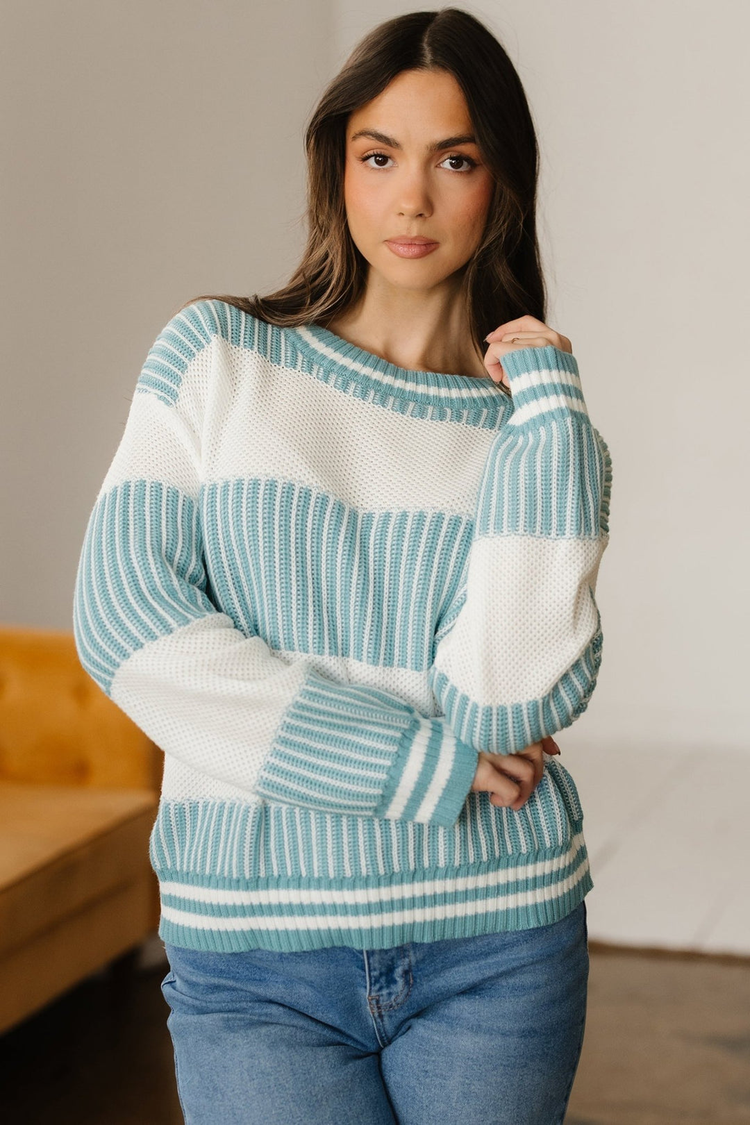 Two Tone Striped Patchwork Loose Sweater - Trendy Tops in Brown for Women | The802Gypsy
